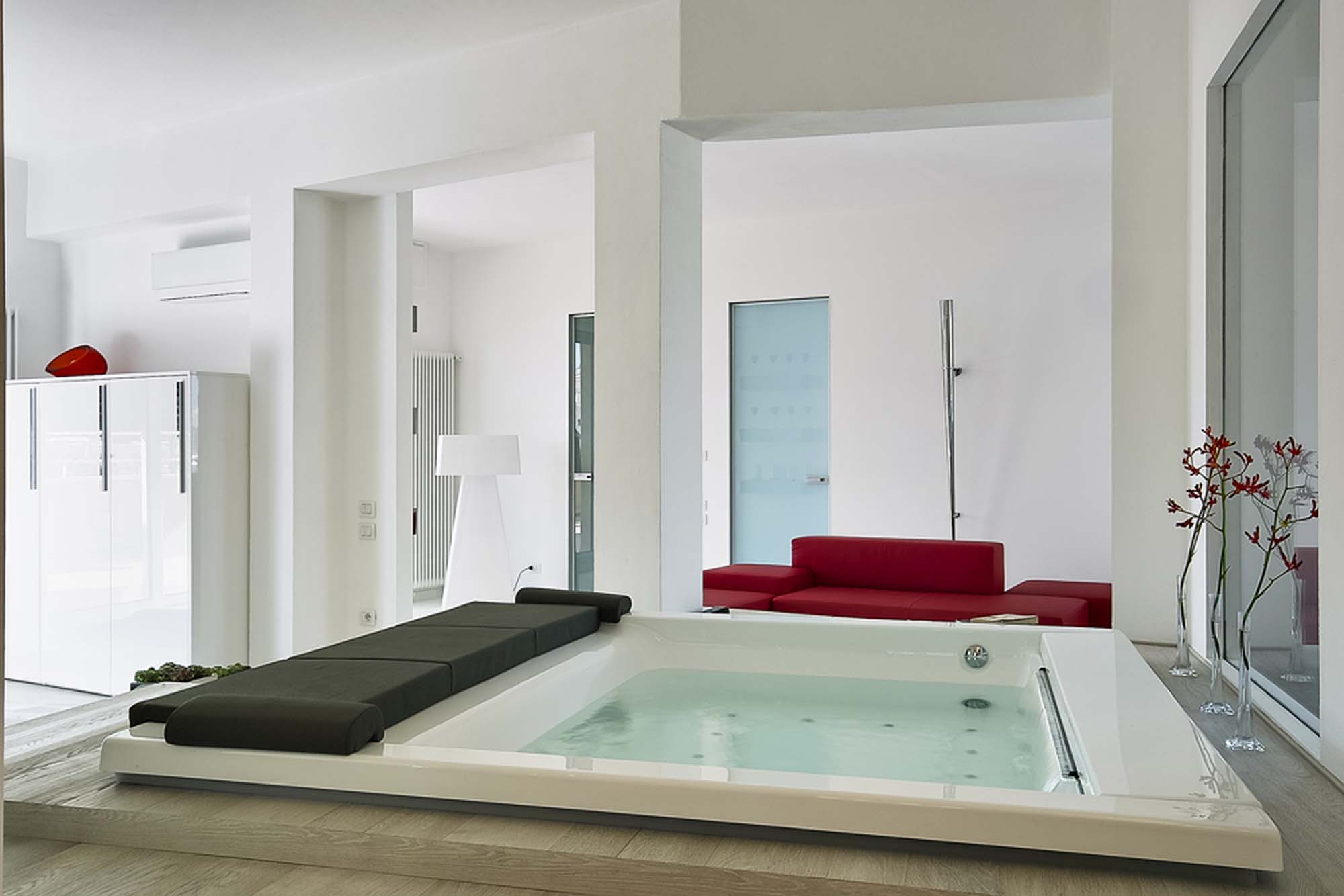 Modern bathroom interior with professional tub installation