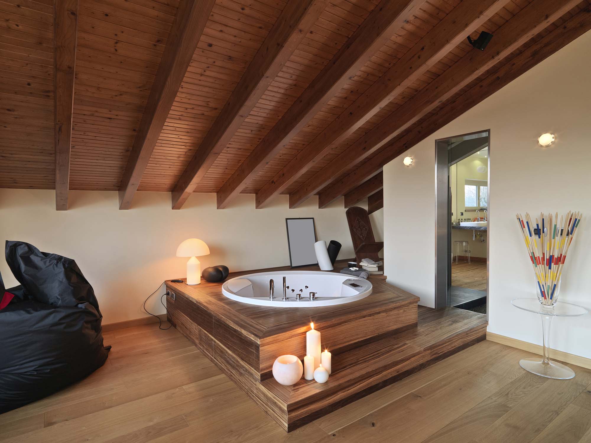 Spa-inspired bathroom with wooden accents and soaking tub