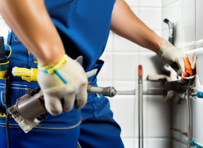 An exceptional repairman in the midst of repairing a damaged bathtub, showcasing his professional and precise techniques, well-equipped with tools, detailed close-ups of the process.