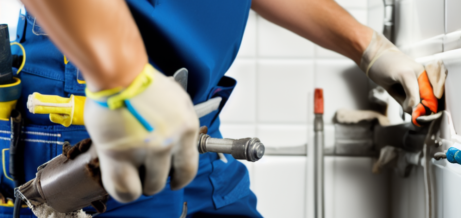 An exceptional repairman in the midst of repairing a damaged bathtub, showcasing his professional and precise techniques, well-equipped with tools, detailed close-ups of the process.
